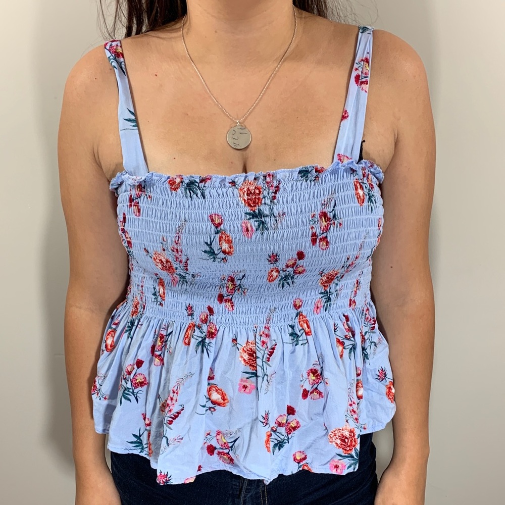 Mission Blue Floral Ruffle Bust Tank Large